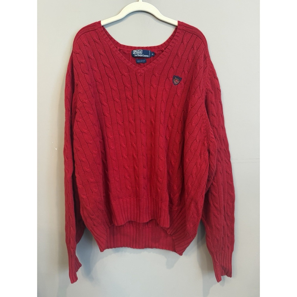 Rare Vintage POLO RALPH LAUREN Spell Out Golf Club Shield Knit Sweater 90s Red